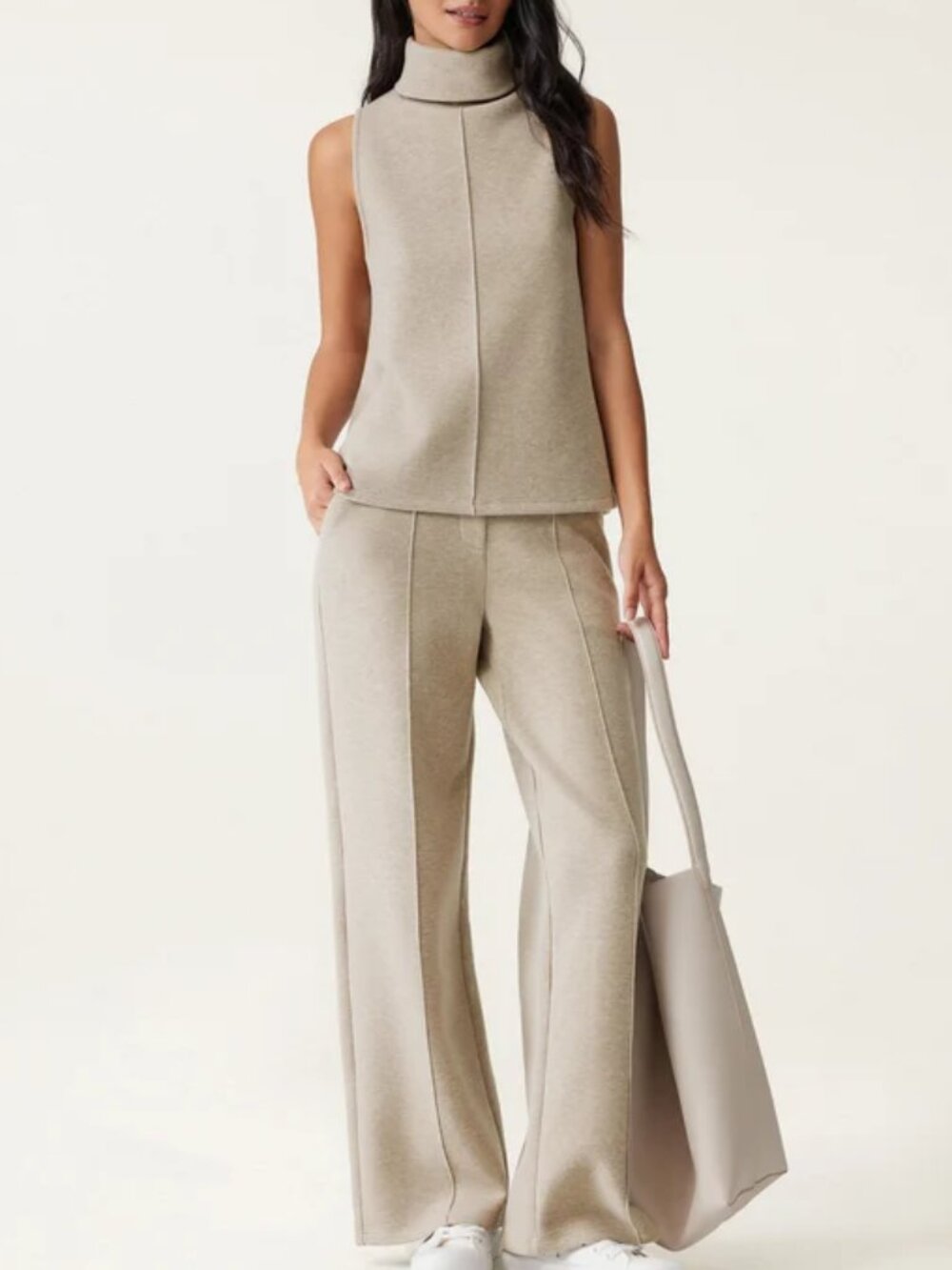 OGL Tan MATCHING SET Sleeveless Turtleneck & Trousers Size Small NWT